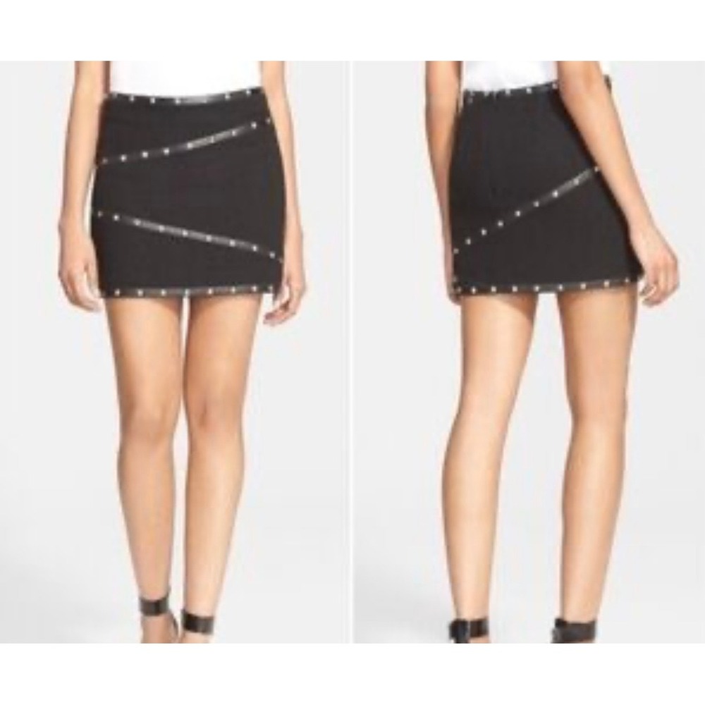The Kooples Black Wool Blend Studded Leather Trim Mini Skirt Size 34 Rocker Edgy